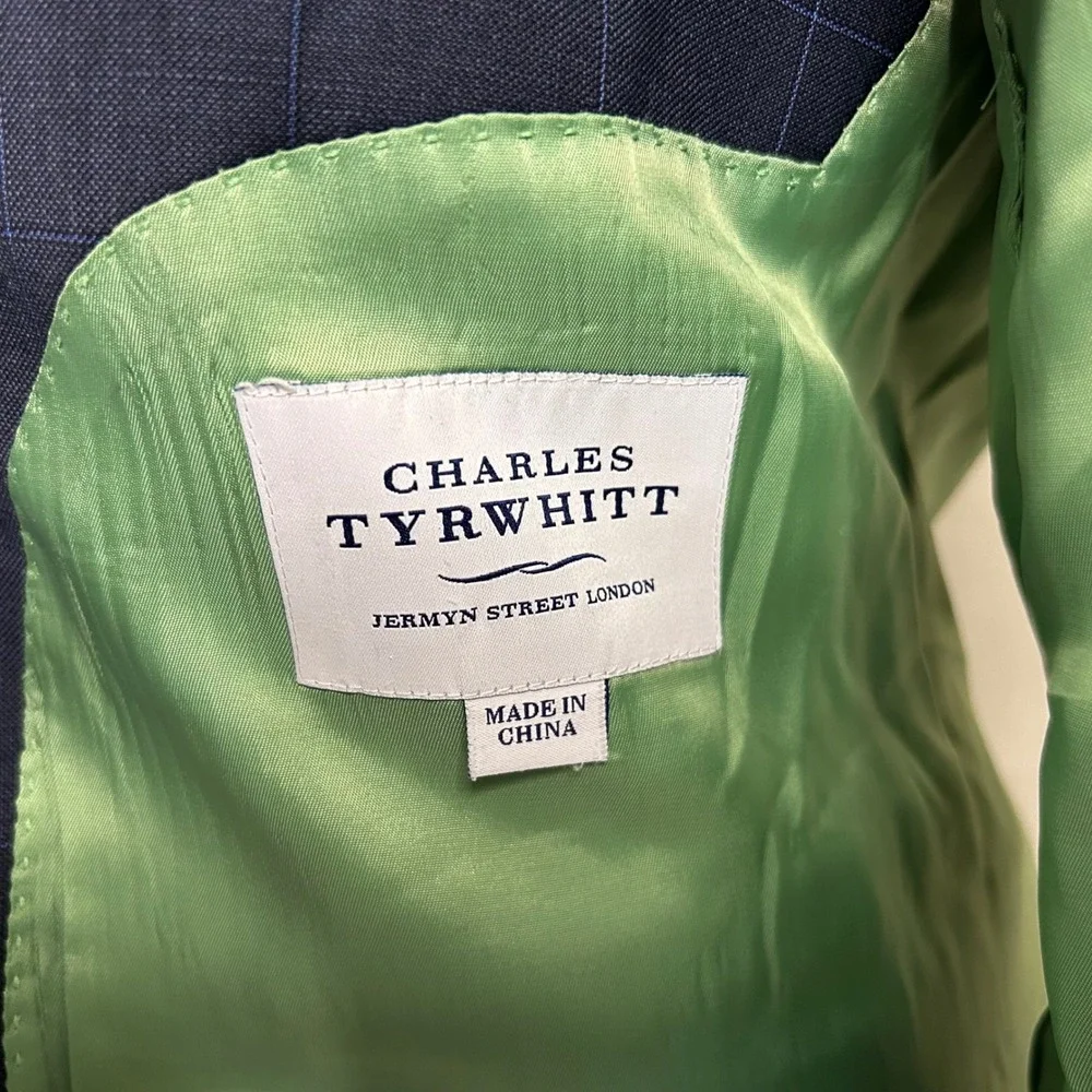 Charles Tyrwhitt 40R Suit 36x31 Wool Navy Windowpane Two Button Double Vented